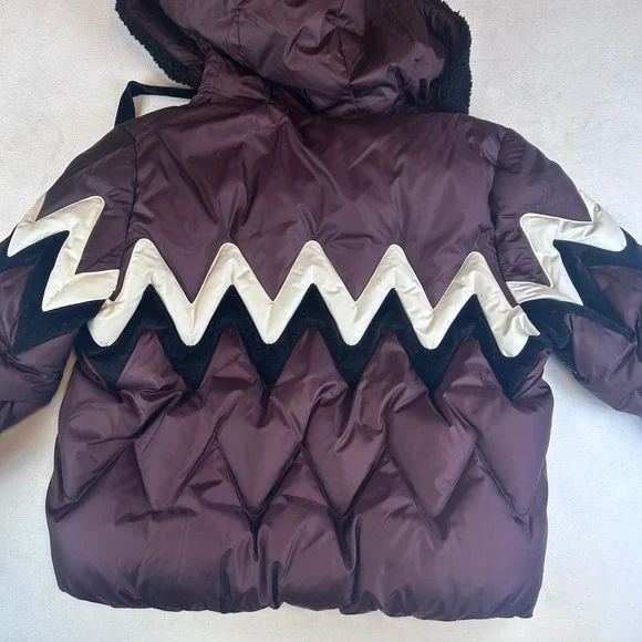 COACH Puffer Jacket Women's Winter Coat Burgundy Zigzag Sherpa Hood Cozy - Picture 3 of 6